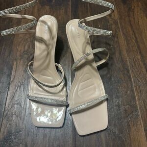 AKIRA Nude Strappy Sandals with Rhinestone Accents